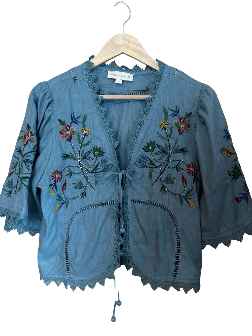 Jennifer & Grace Embroidered Eyelet Tie Front Cotton Blouse Sz M